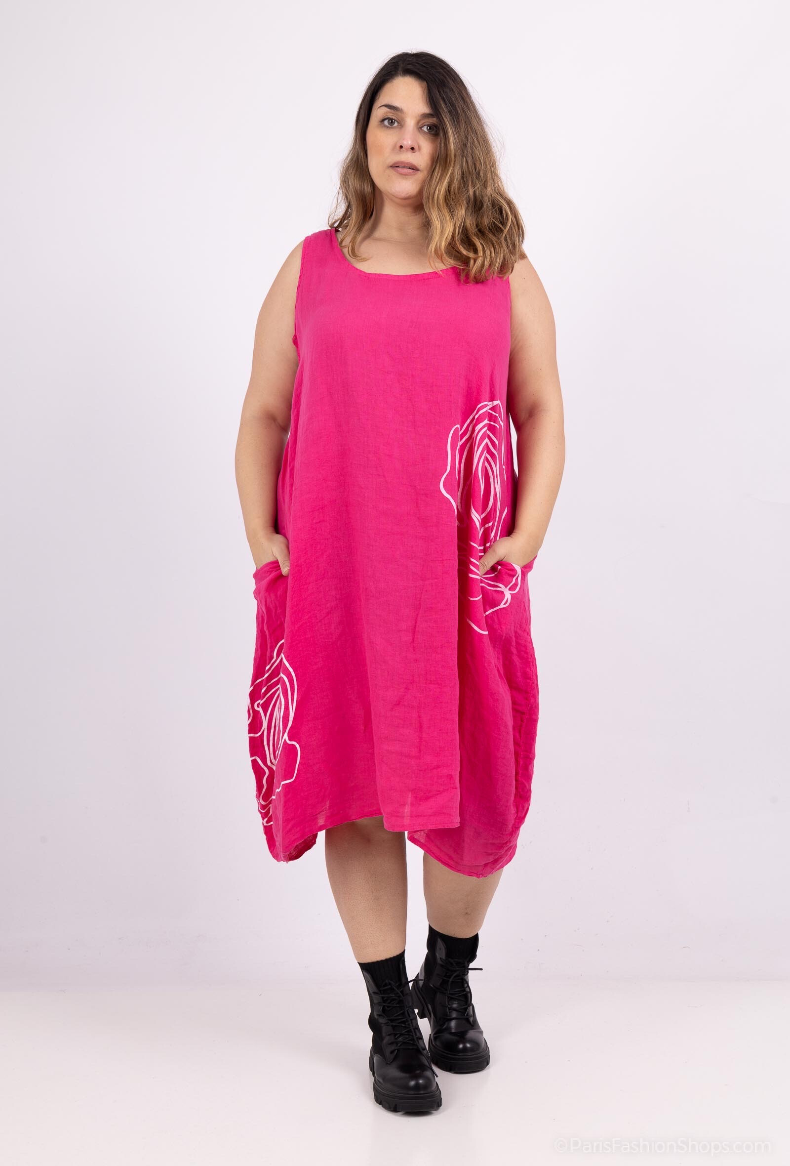 Wholesaler 123LINO - SLEEVELESS AND PINK PRINT DRESS WITH TWO INVISIBLE POCKETS