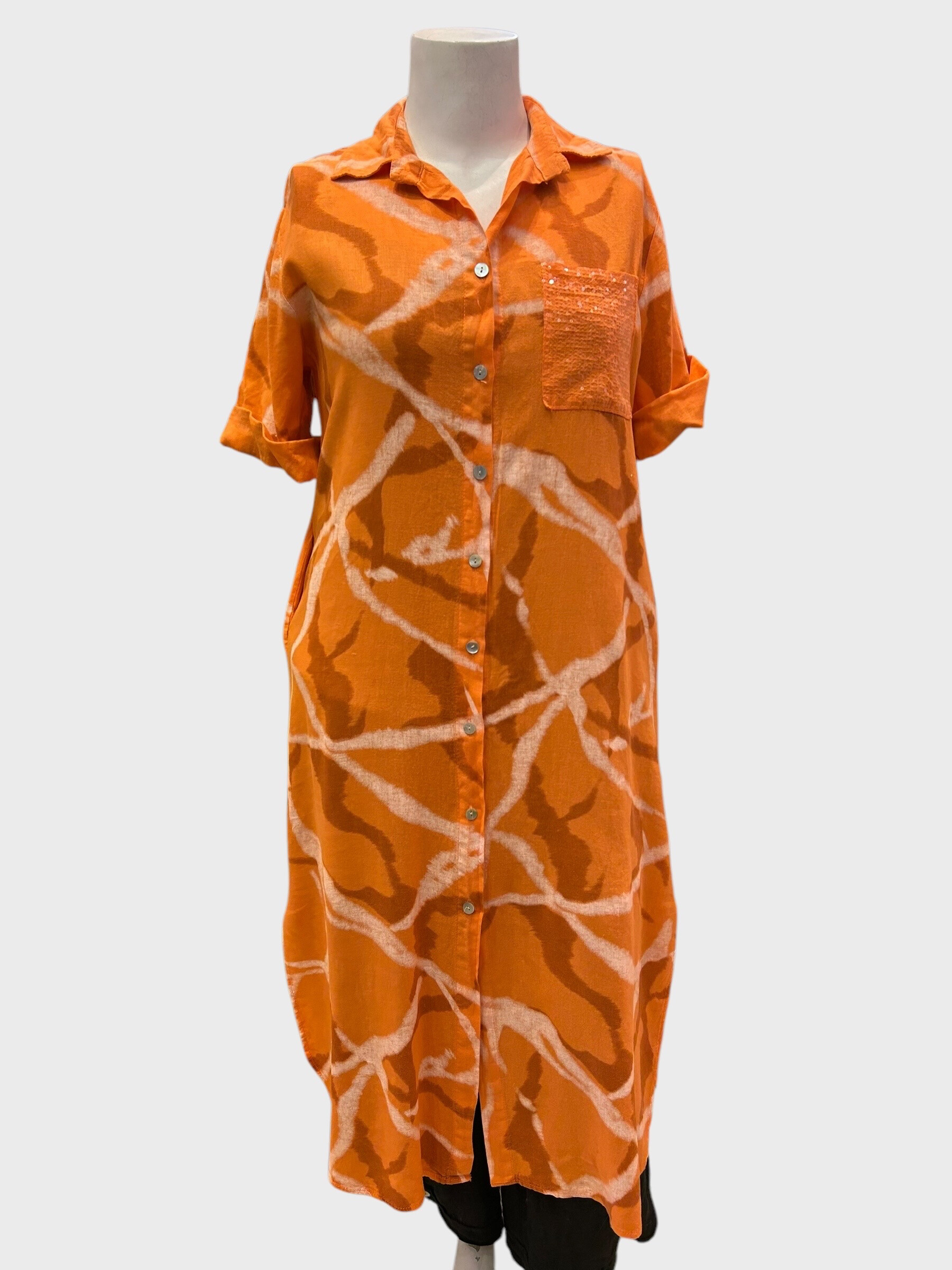 Wholesaler 123LINO - SHORT SLEEVED SHIRT DRESS TWO INVISIBLE POCKETS WITH A FRONT SEQUINED POCKET