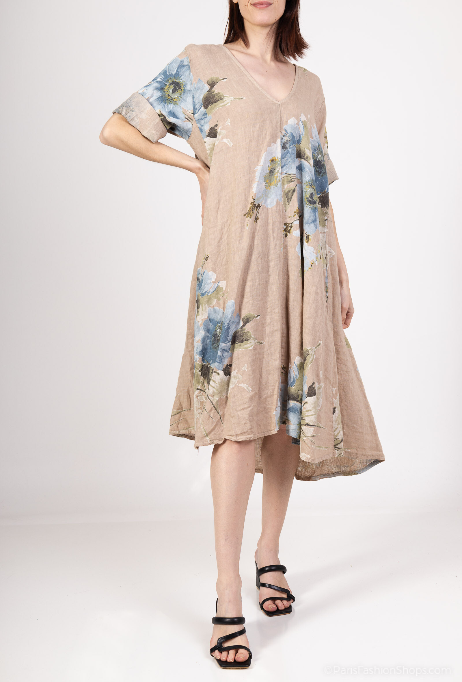 Wholesaler 123LINO - Mid-length dress printed large linen flowers