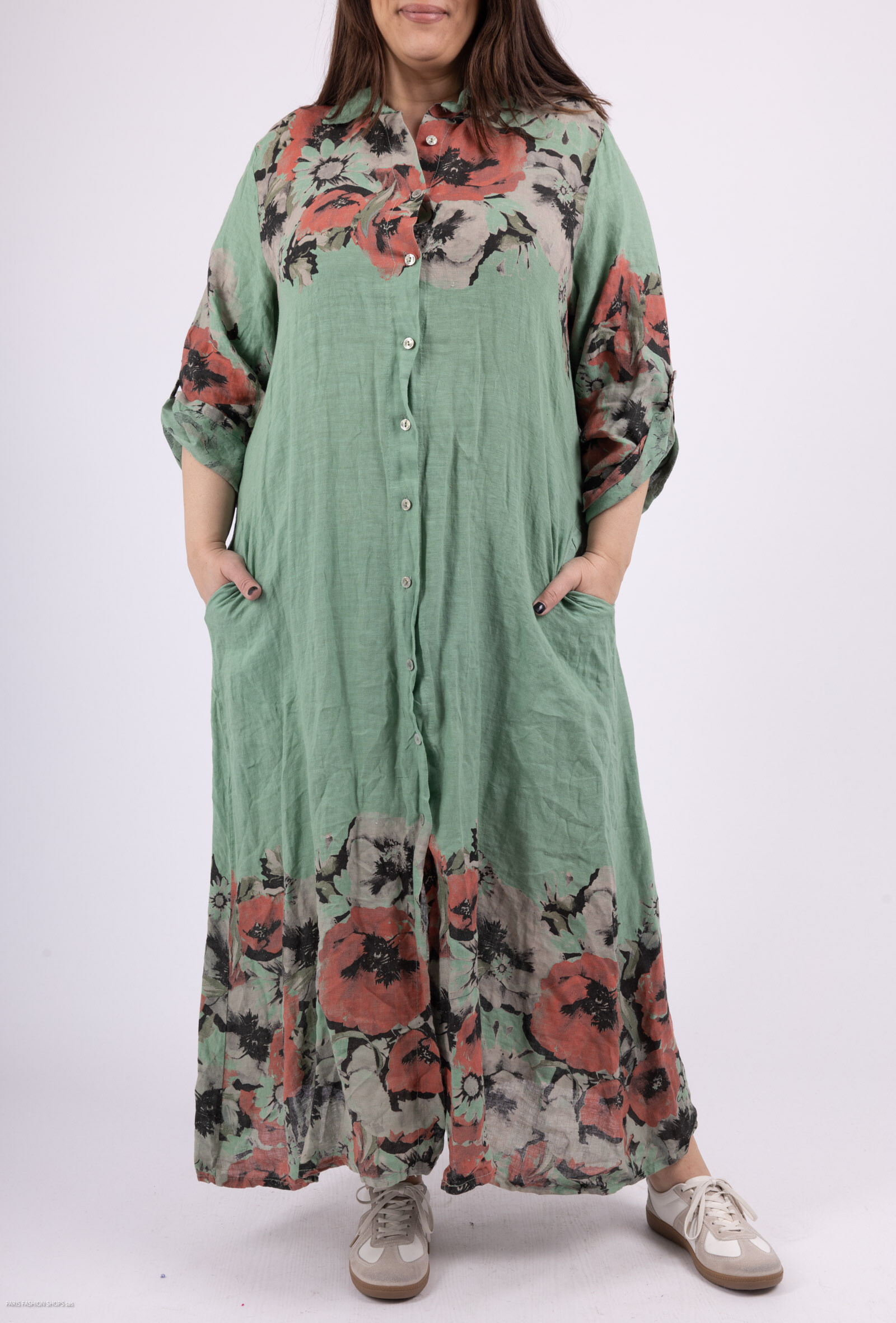Wholesaler 123LINO - Long sleeve long shirt dress and two pockets with print