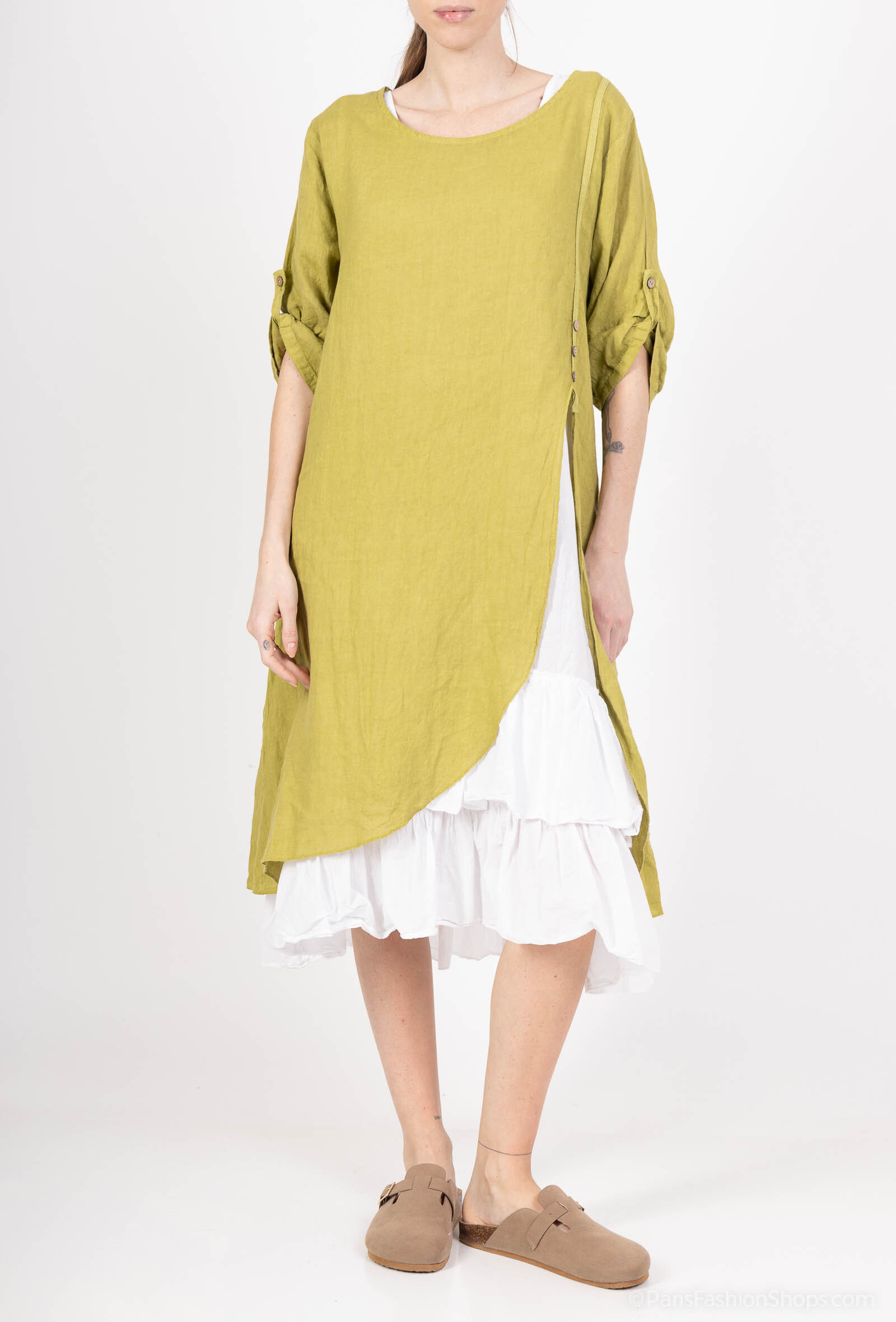 Wholesaler 123LINO - Linen dress Round neck and 3/4 sleeves with cotton dress below with flywheels