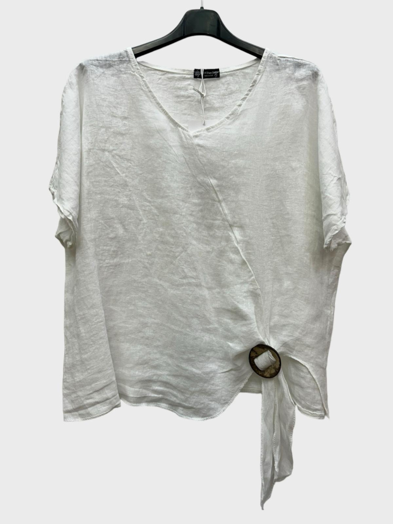Wholesaler 123LINO - Short-sleeved round-neck linen top with wooden buckles