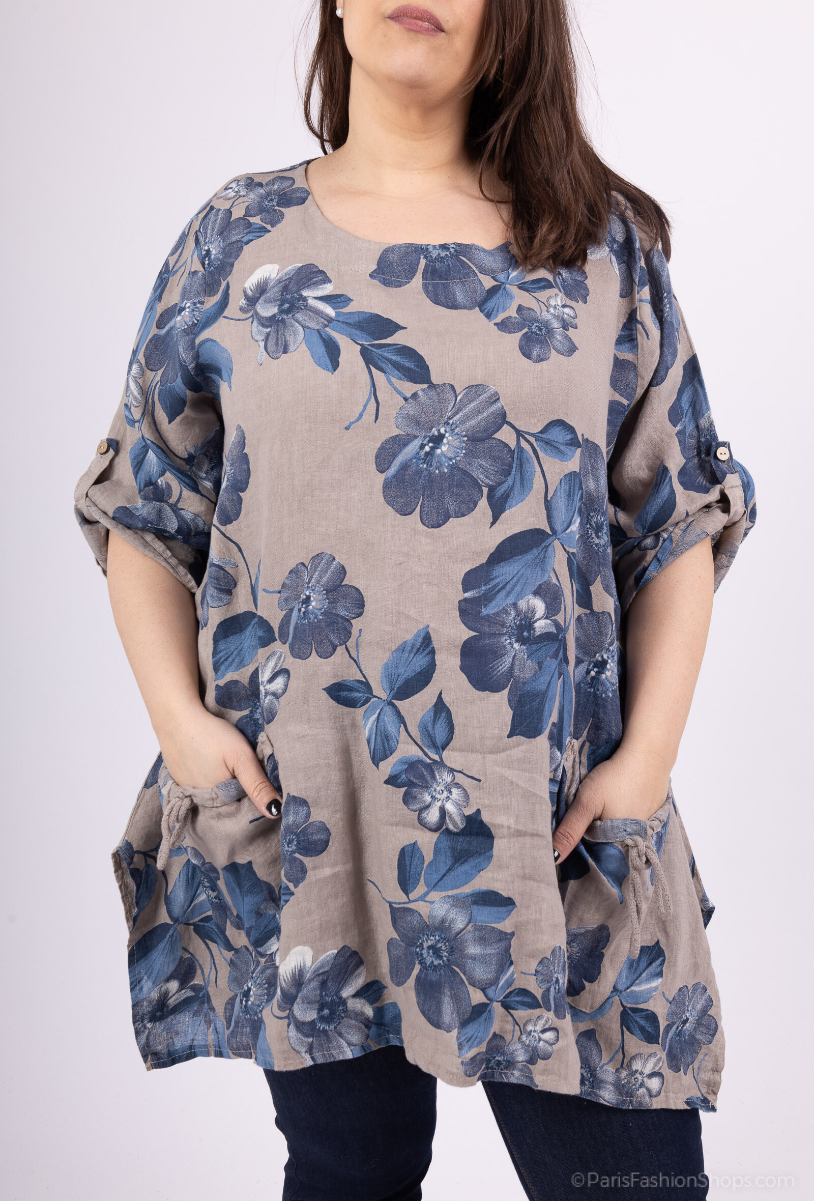 Wholesaler 123LINO - OVERSIZED PRINTED TUNIC ROUND NECK WITH TWO POCKETS AND HALF SLEEVES