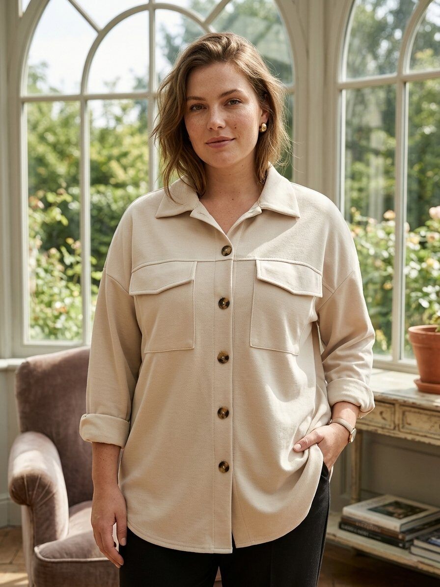 Mayorista 168 Fashion - Camisa-Chaqueta Oversize en Tejido Suave con Grandes Bolsillos Frontales