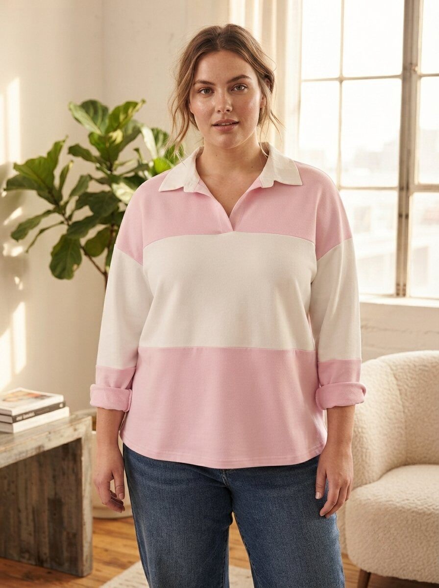 Wholesaler 168 Fashion - Long sleeve top with polo collar and striped color-block design