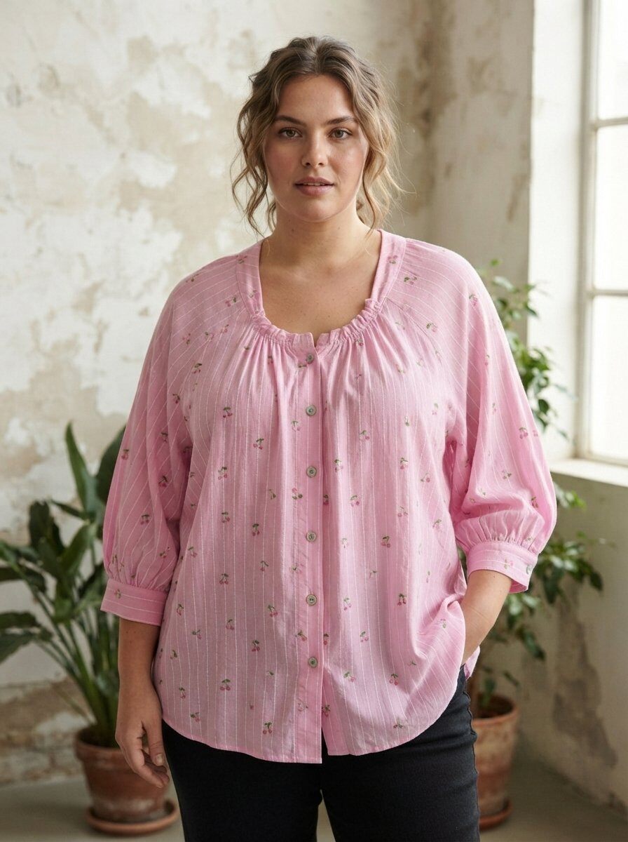 Großhändler 168 Fashion - Bluse mit Blumenmuster, Raffung am Ausschnitt und Knöpfen