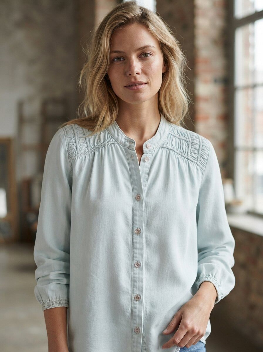 Großhändler 168 Fashion - Langarmhemd mit Stehkragen, Frontknöpfen und gerafften Details