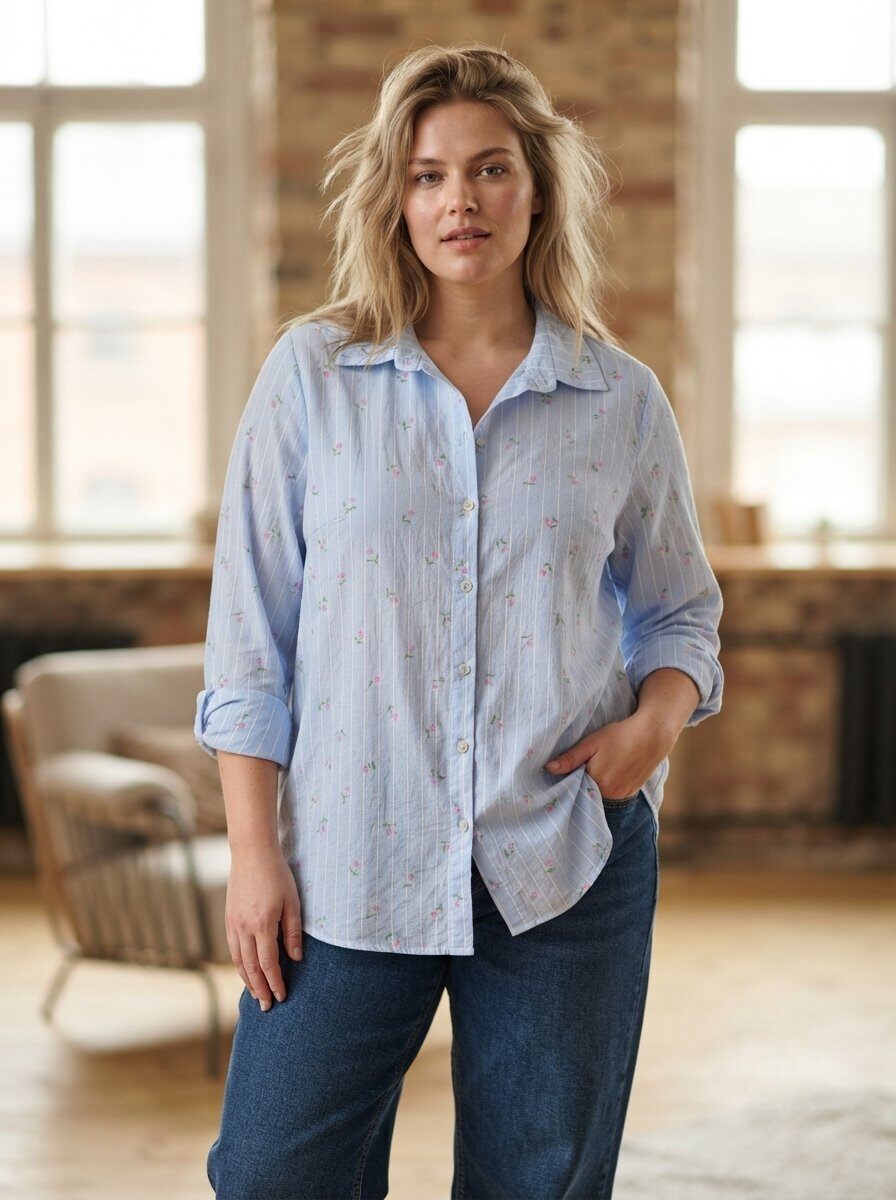 Großhändler 168 Fashion - Langärmlige Tunika-Bluse mit Blumenmuster, klassischem Kragen und asymmetrischem Saum