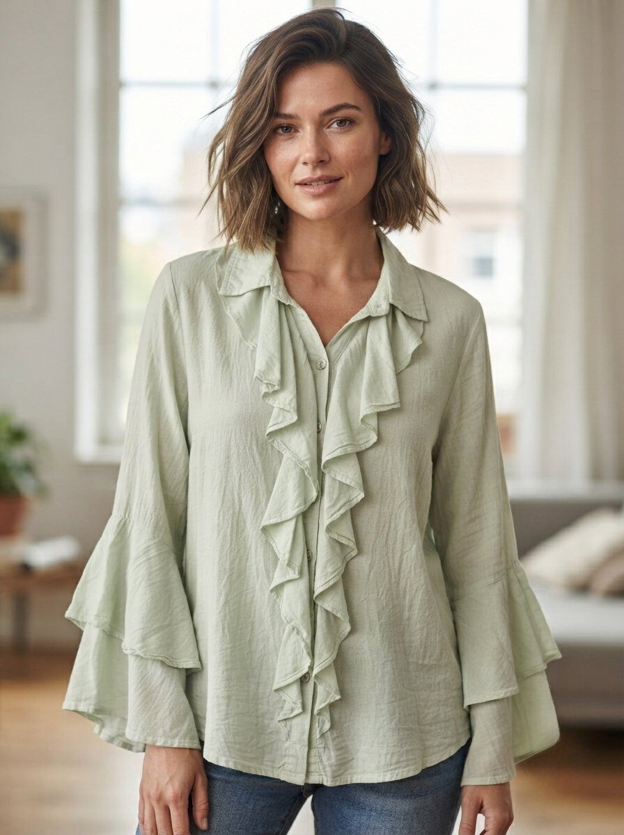 Großhändler 168 Fashion - Langarmhemd mit fließenden Rüschen und klassischem Kragen