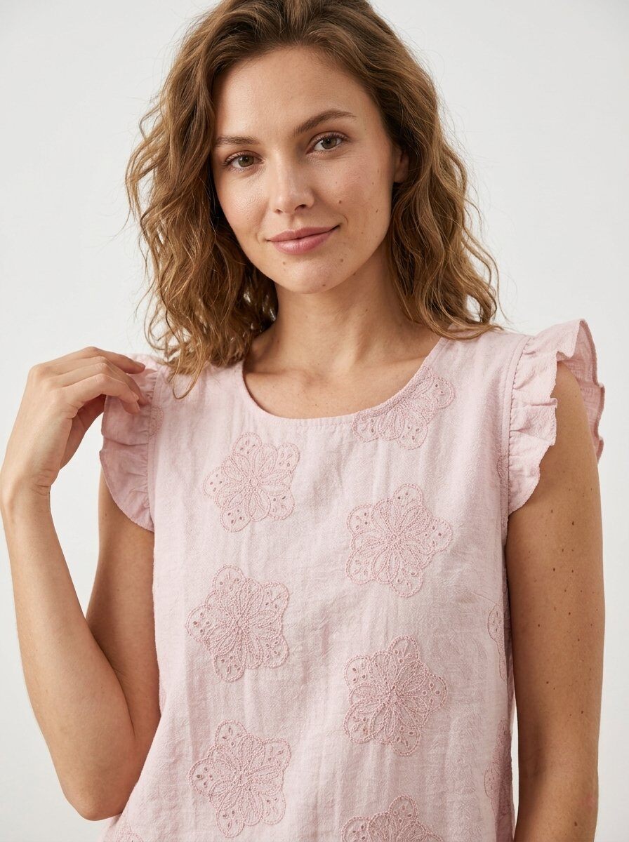 Wholesaler 168 Fashion - Sleeveless blouse with flared ruffle sleeves and cut-out floral embroidery