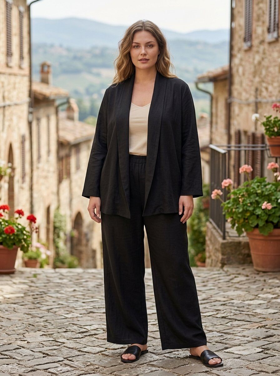 Grossiste 168 Fashion - Ensemble Deux Pièces Élégant en Style Lin avec Blazer Ouvert et Pantalon Palazzo
