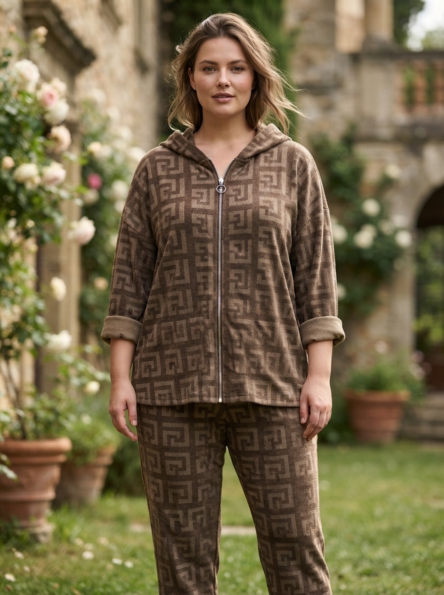 Wholesaler 168 Fashion - 2-piece tracksuit set: hooded jacket with zip and matching pants with geometric pattern