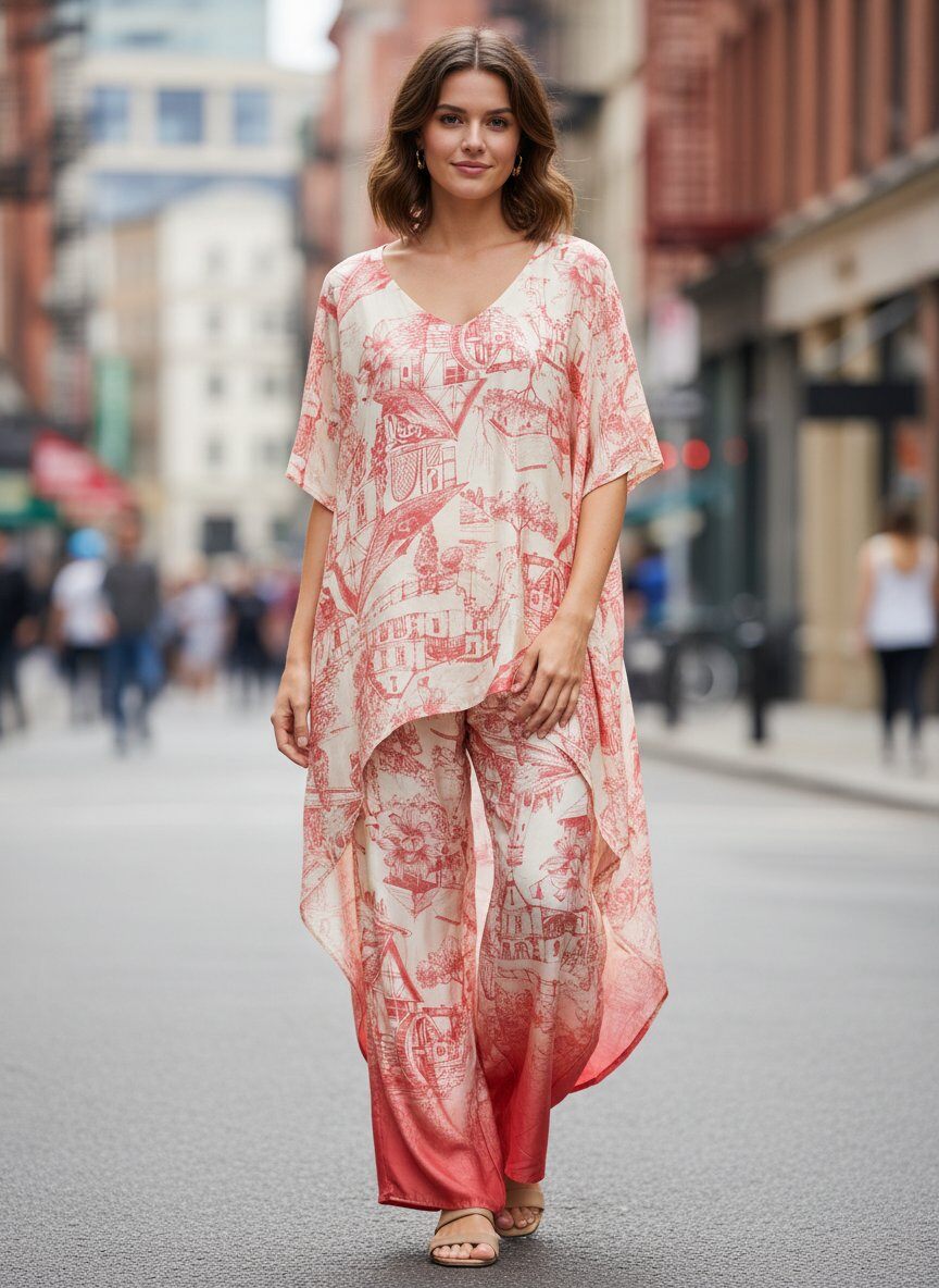 Wholesaler 168 Fashion - Two-Piece Set with Long Blouse and Palazzo Pants in Toile de Jouy Print