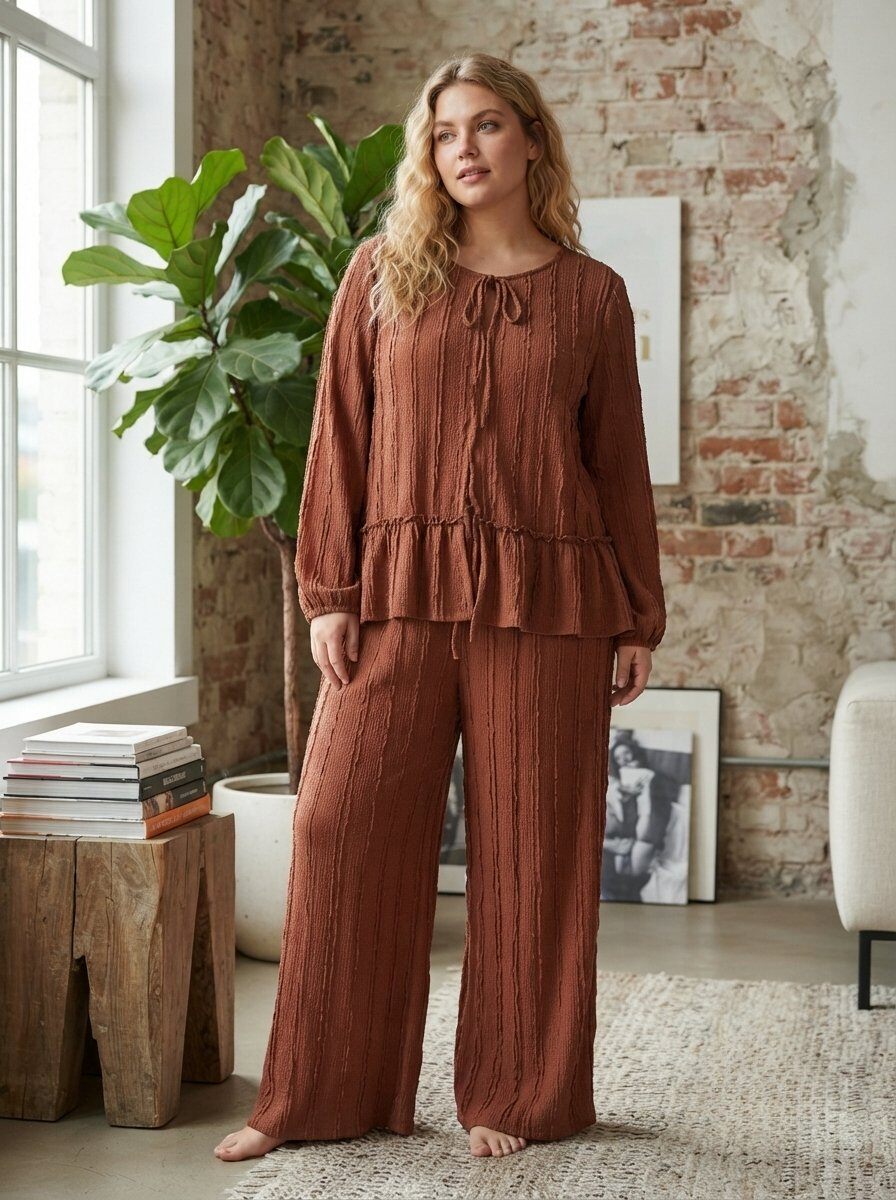 Grossiste 168 Fashion - Ensemble Deux Pièces Décontracté avec Haut à Manches Longues, Nœud, Volants et Pantalon Palazzo