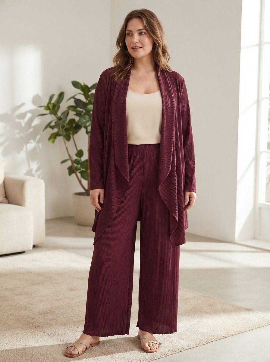 Grossiste 168 Fashion - Ensemble Deux Pièces Élégant Plissé avec Cardigan Ouvert et Pantalon Palazzo
