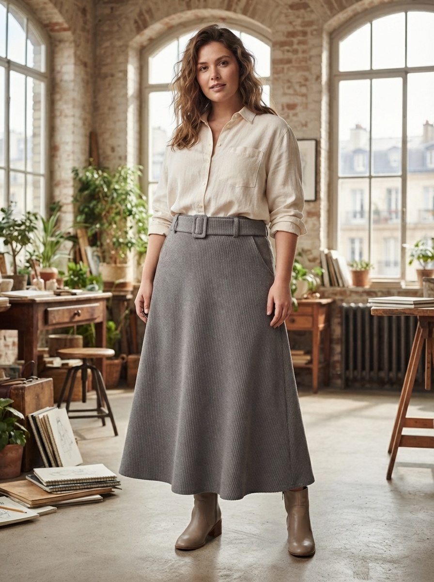 Großhändler 168 Fashion - Ausgestellter Midirock mit passendem Gürtel und Taschen