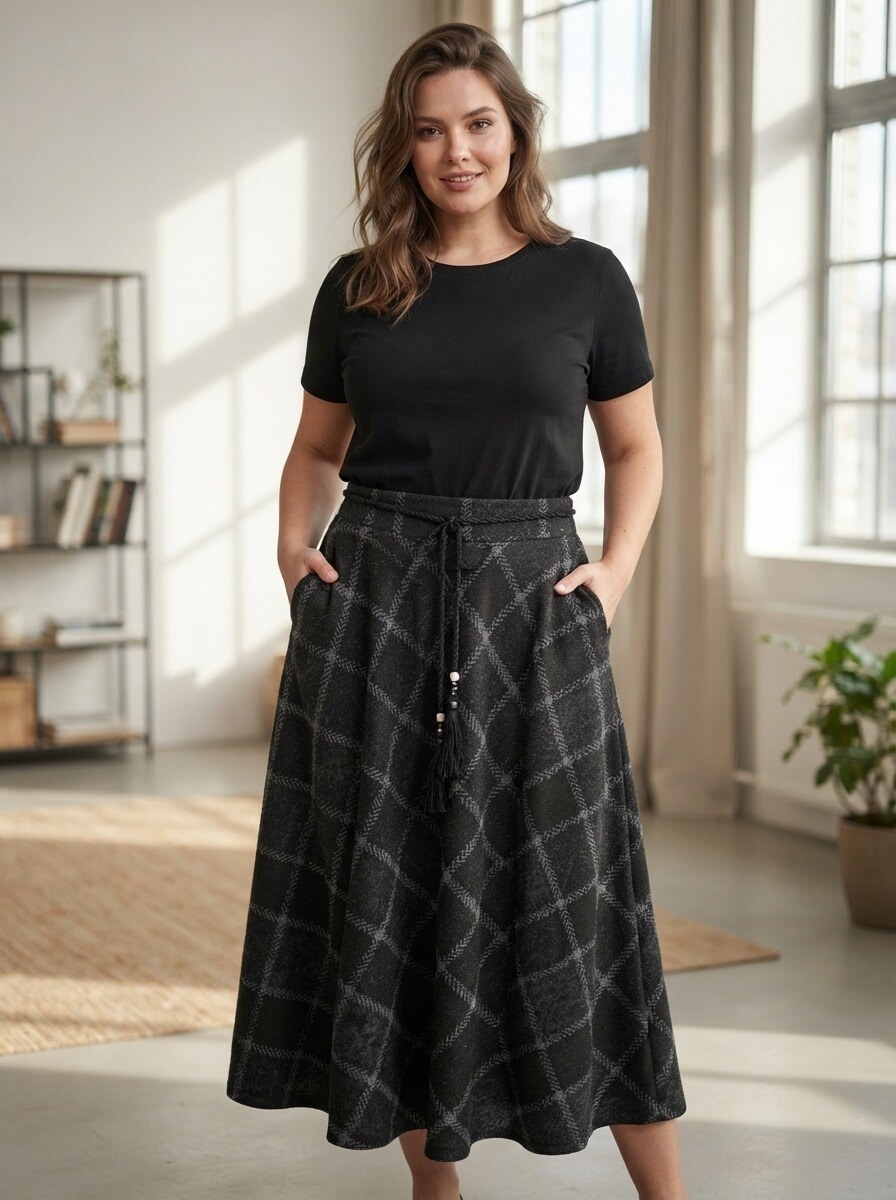 Großhändler 168 Fashion - Midi-Rock mit Karomuster, Elastischem Bund und Schmalem Gürtel mit Quasten