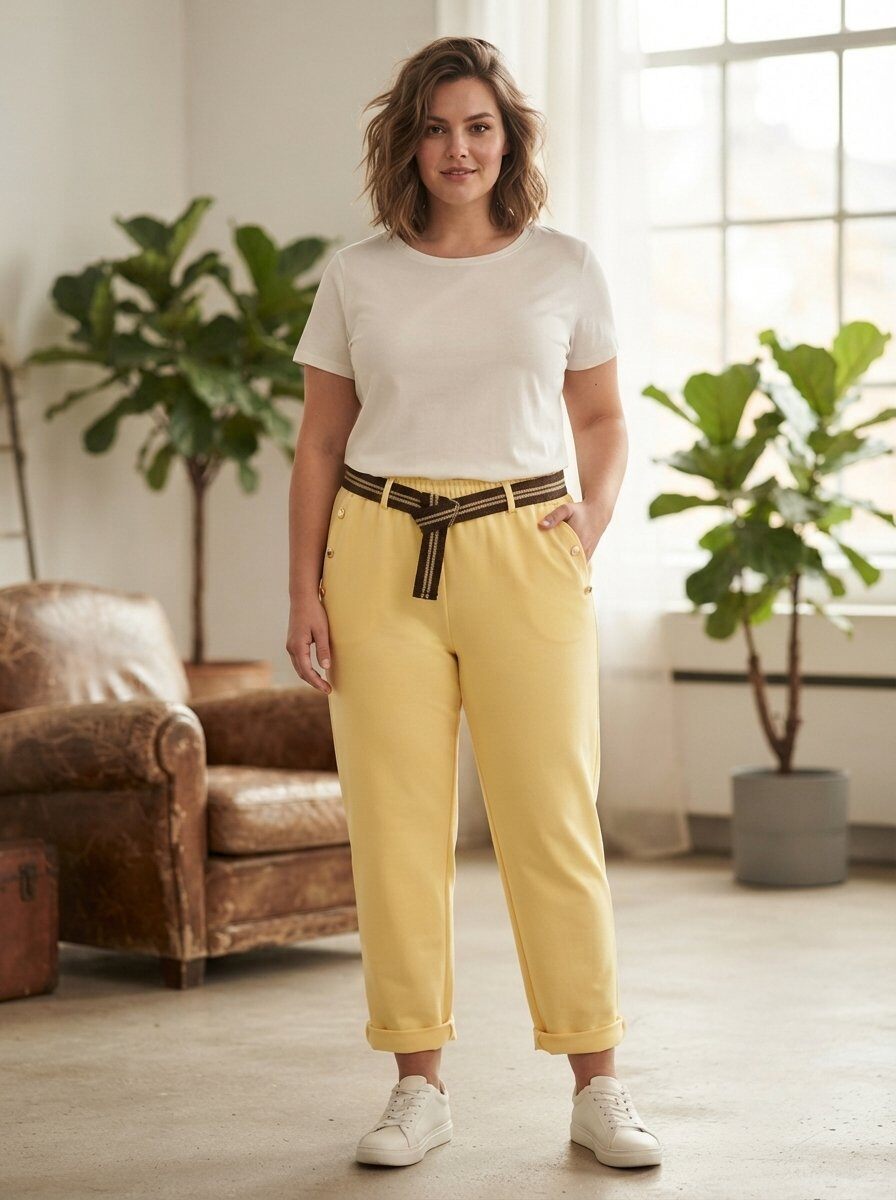Großhändler 168 Fashion - Gerade geschnittene Freizeithose mit Gürtel und Seitentaschen
