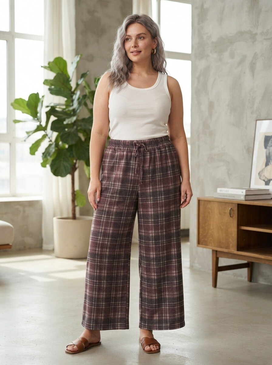 Grossiste 168 Fashion - Pantalon long palazzo à carreaux avec taille élastique et cordon de serrage