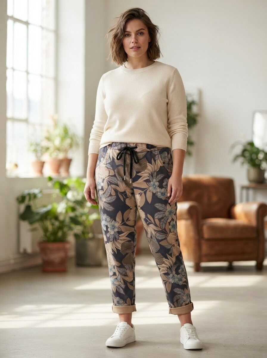Großhändler 168 Fashion - Lässige Hose mit Fantasiemuster, Kordelzug in der Taille und umgeschlagenem Saum