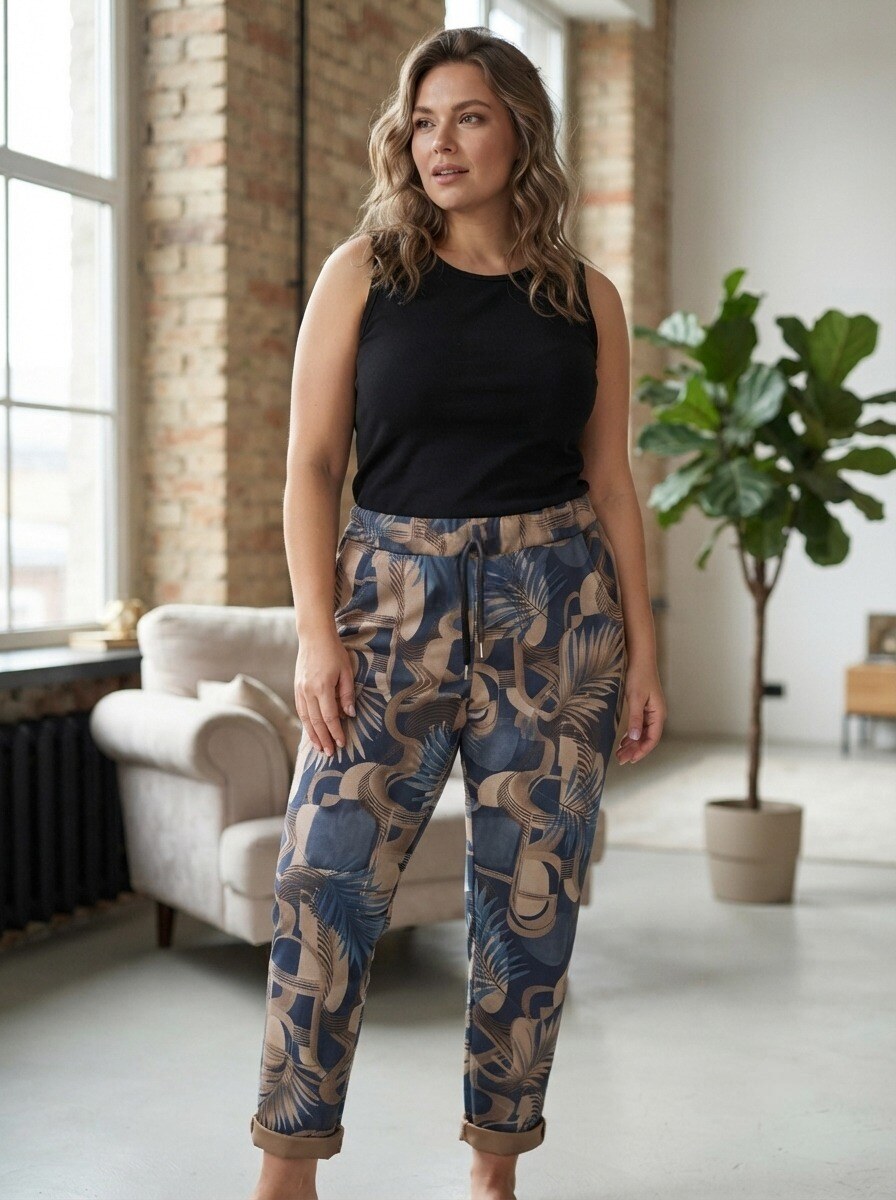 Großhändler 168 Fashion - Lässige Hose mit Fantasiemuster, Kordelzug in der Taille und umgeschlagenem Saum