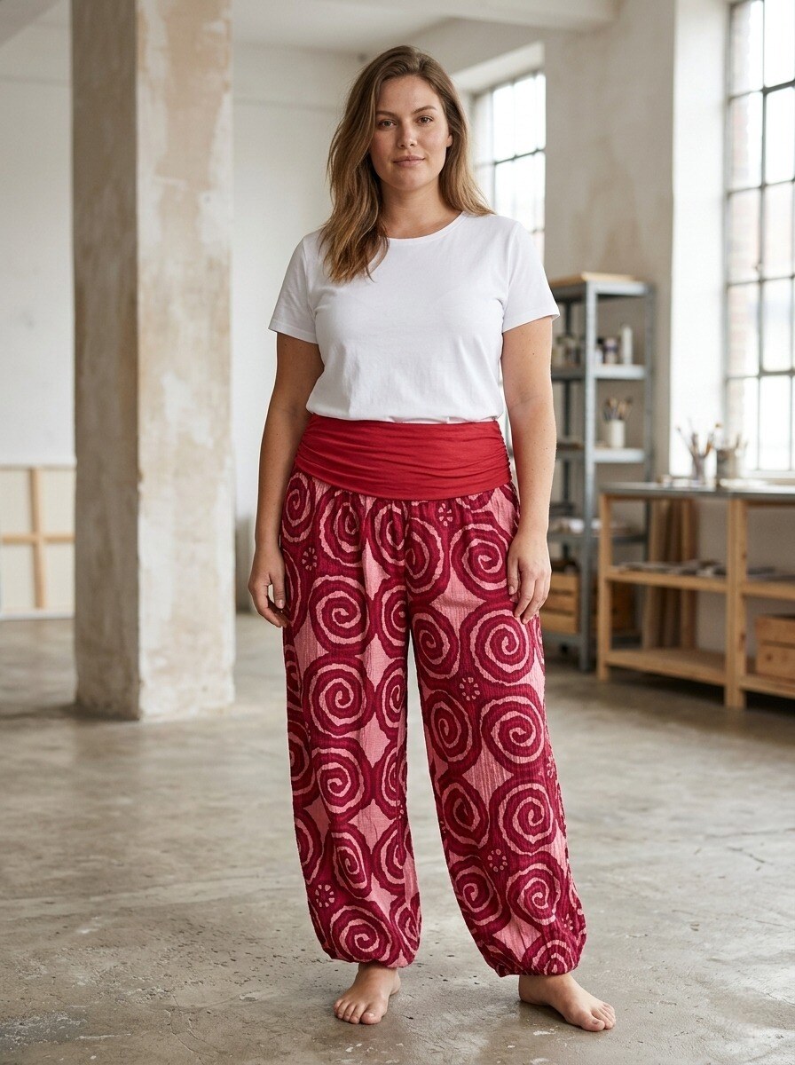 Mayorista 168 Fashion - Pantalones Abombados Estilo Boho con Maxi Estampado en Espiral y Cintura Alta Elástica