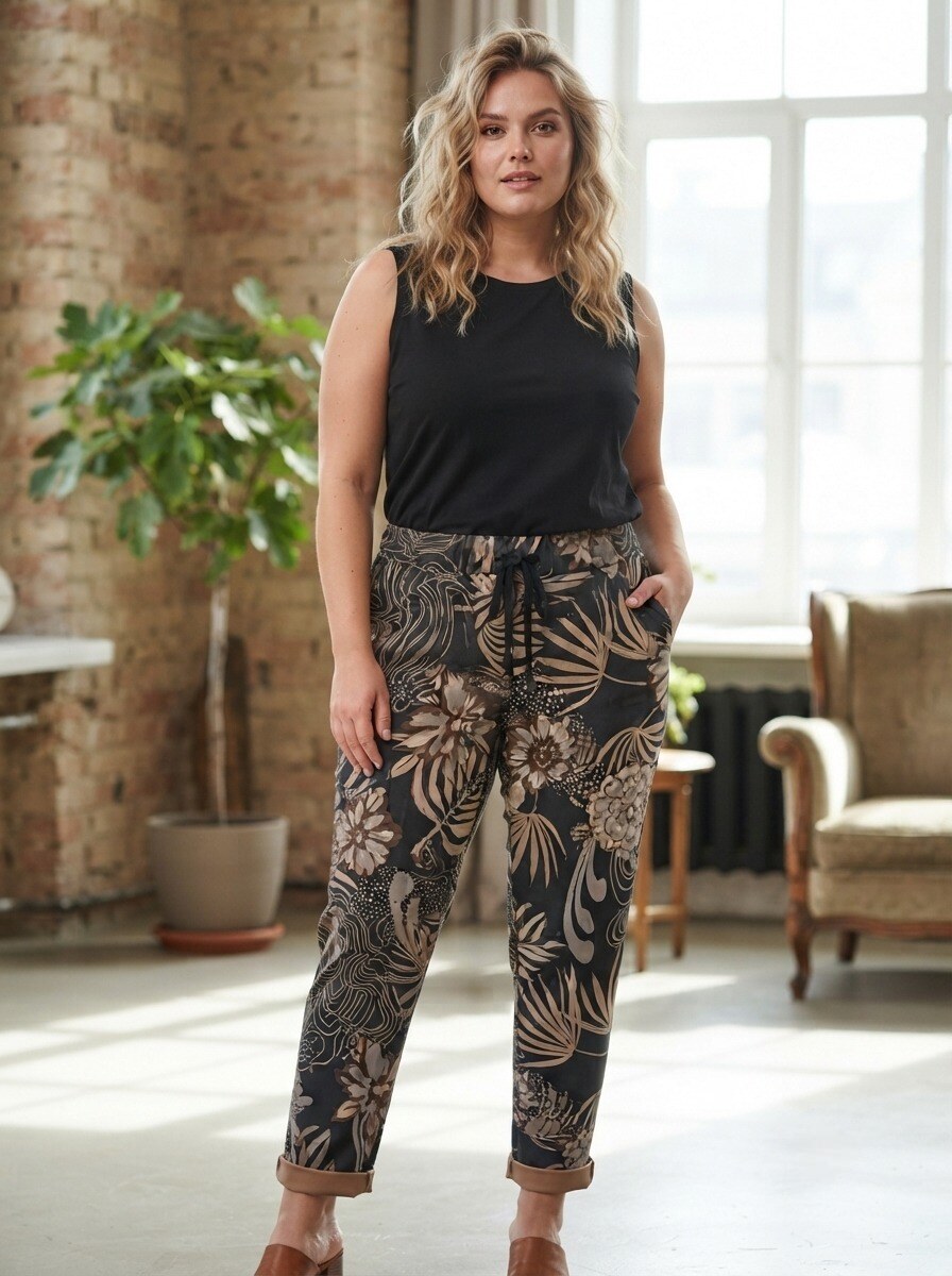 Großhändler 168 Fashion - Lässige Hose mit Fantasiemuster, Kordelzug in der Taille und umgeschlagenem Saum