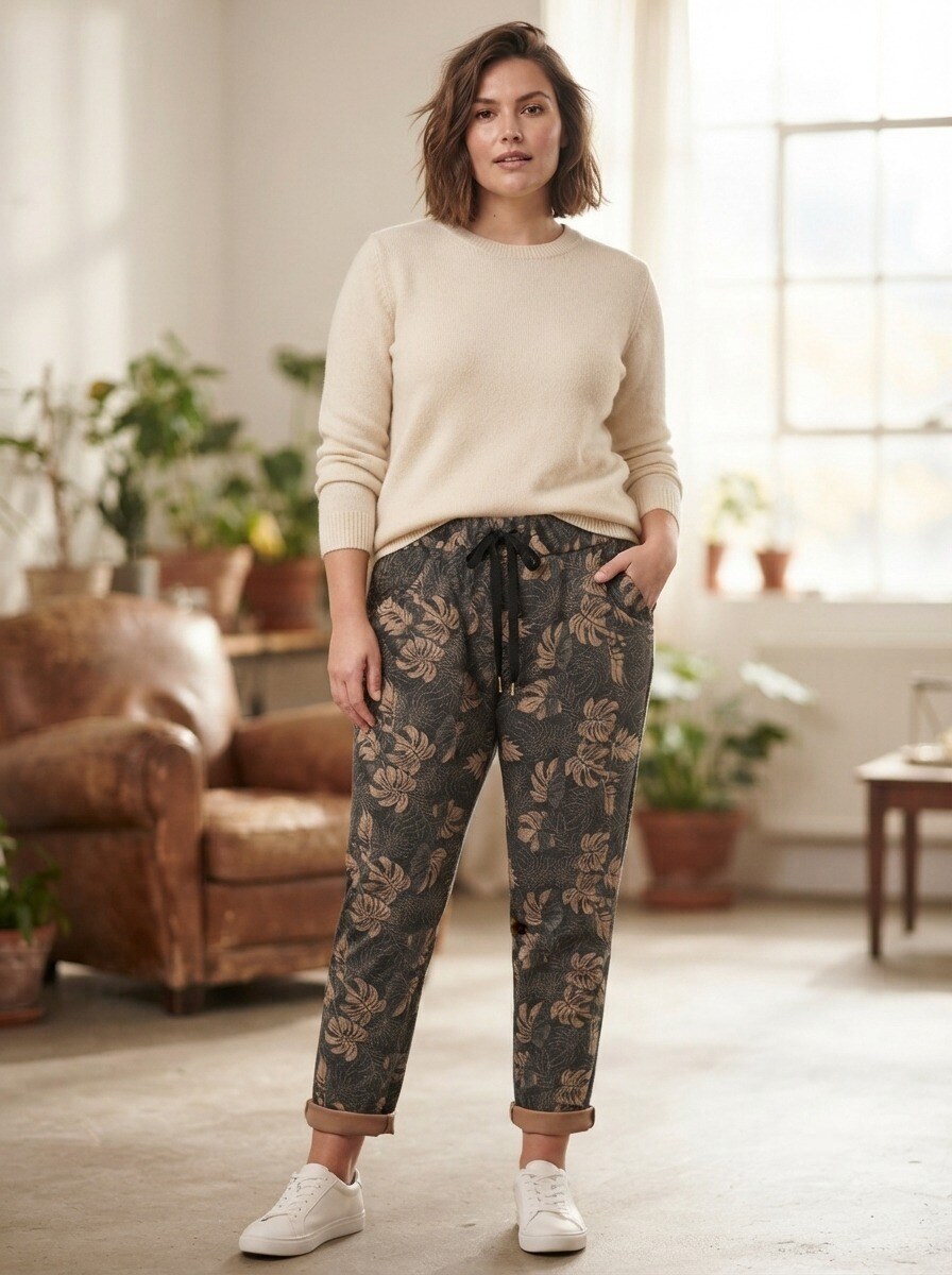 Großhändler 168 Fashion - Lässige Hose mit Fantasiemuster, Kordelzug in der Taille und umgeschlagenem Saum