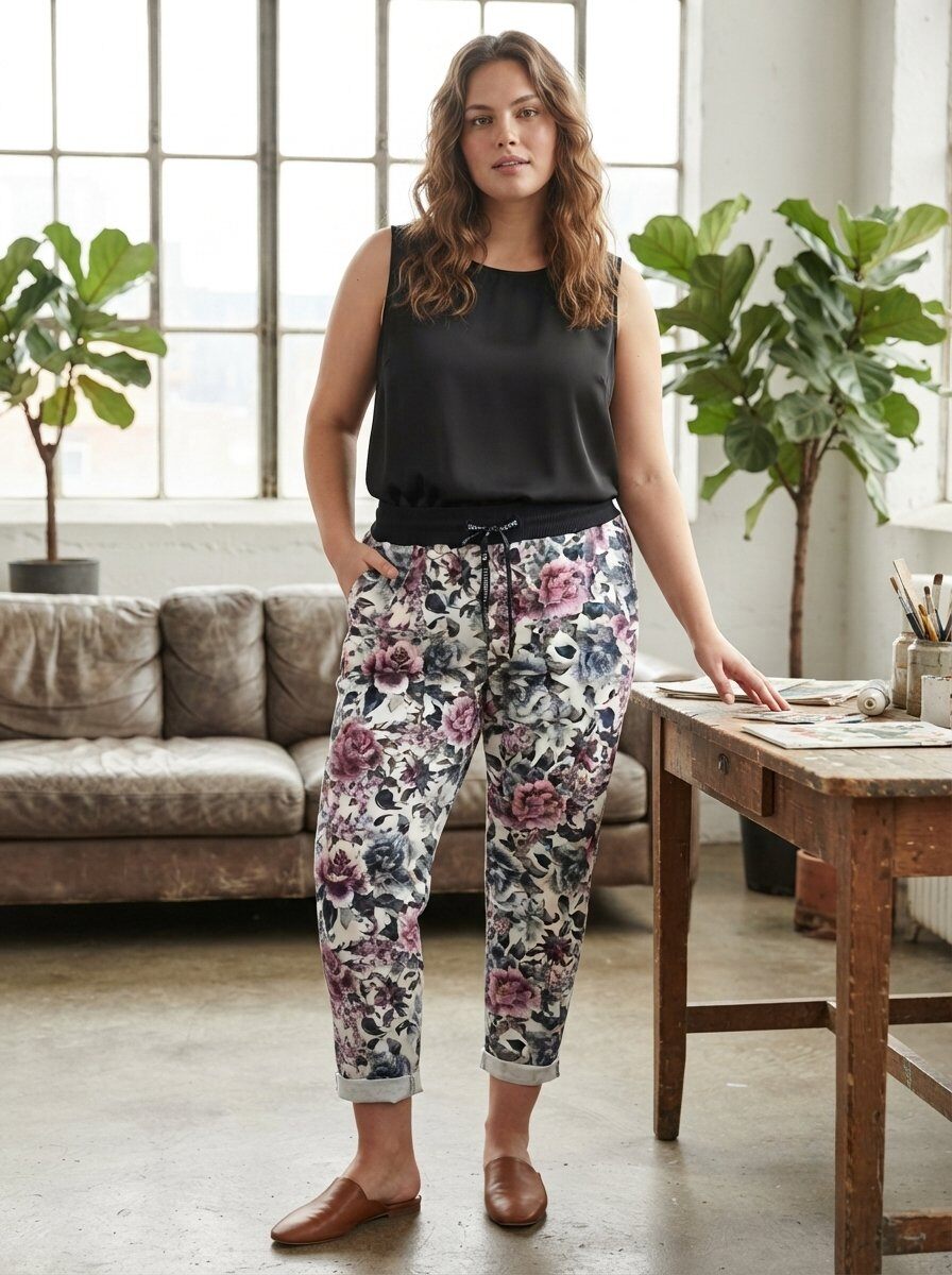 Großhändler 168 Fashion - Lässige Hose mit Blumenmuster, elastischem Bund und umgeschlagenem Saum