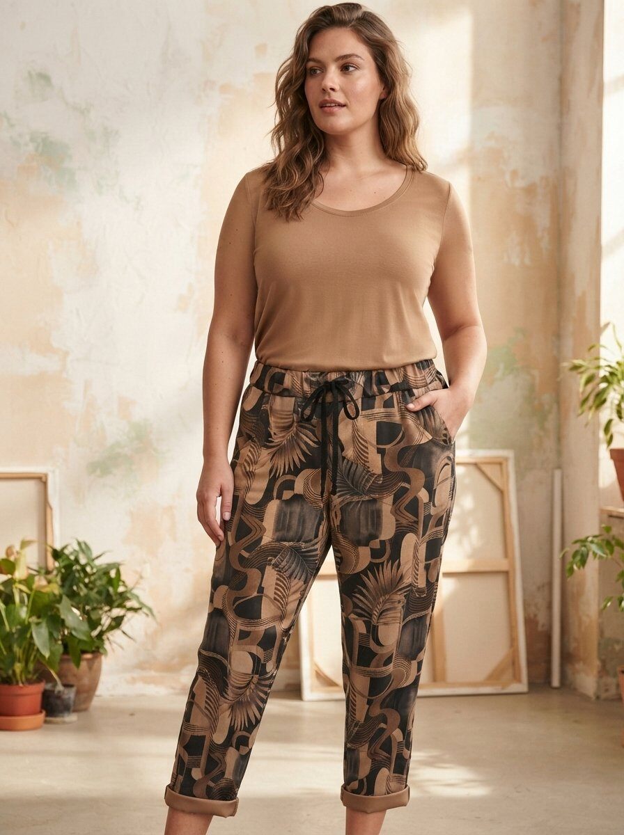 Großhändler 168 Fashion - Lässige Hose mit Fantasiemuster, Kordelzug in der Taille und umgeschlagener Saum