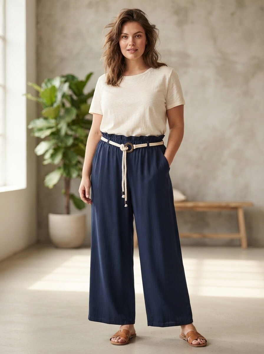 Grossiste 168 Fashion - Pantalon Long Palazzo avec Taille Élastique et Ceinture en Corde avec Boucle Ronde