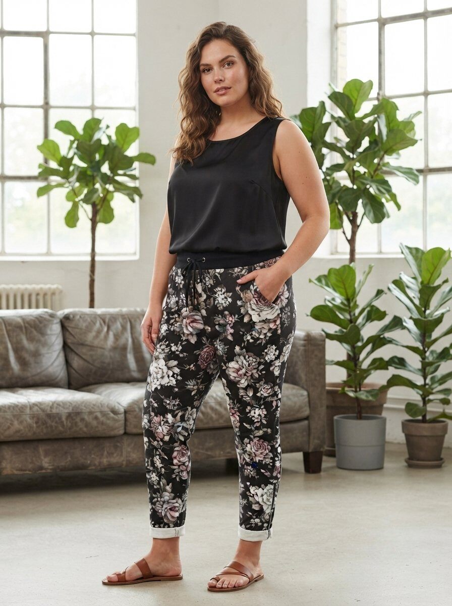 Großhändler 168 Fashion - Lässige Hose mit Blumenmuster, elastischem Bund und umgeschlagenem Saum