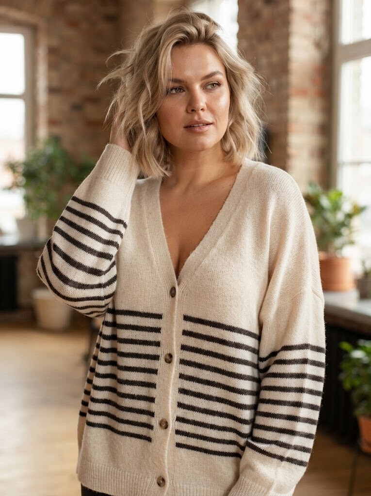 Grossiste 168 Fashion - Cardigan ouvert avec col en V, boutons et motif à rayures sur le devant