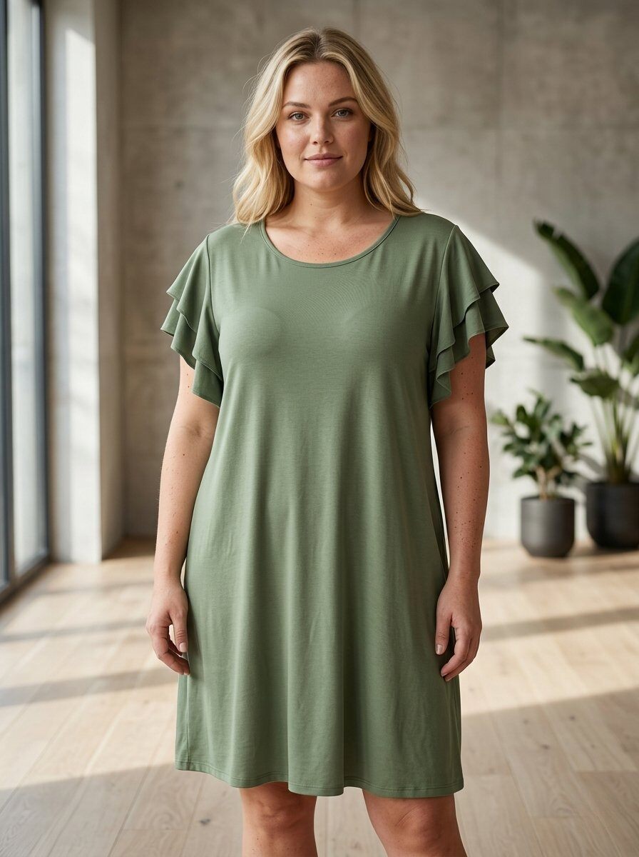 Mayorista 168 Fashion - Vestido camiseta corto con escote en U y mangas cortas con volantes.