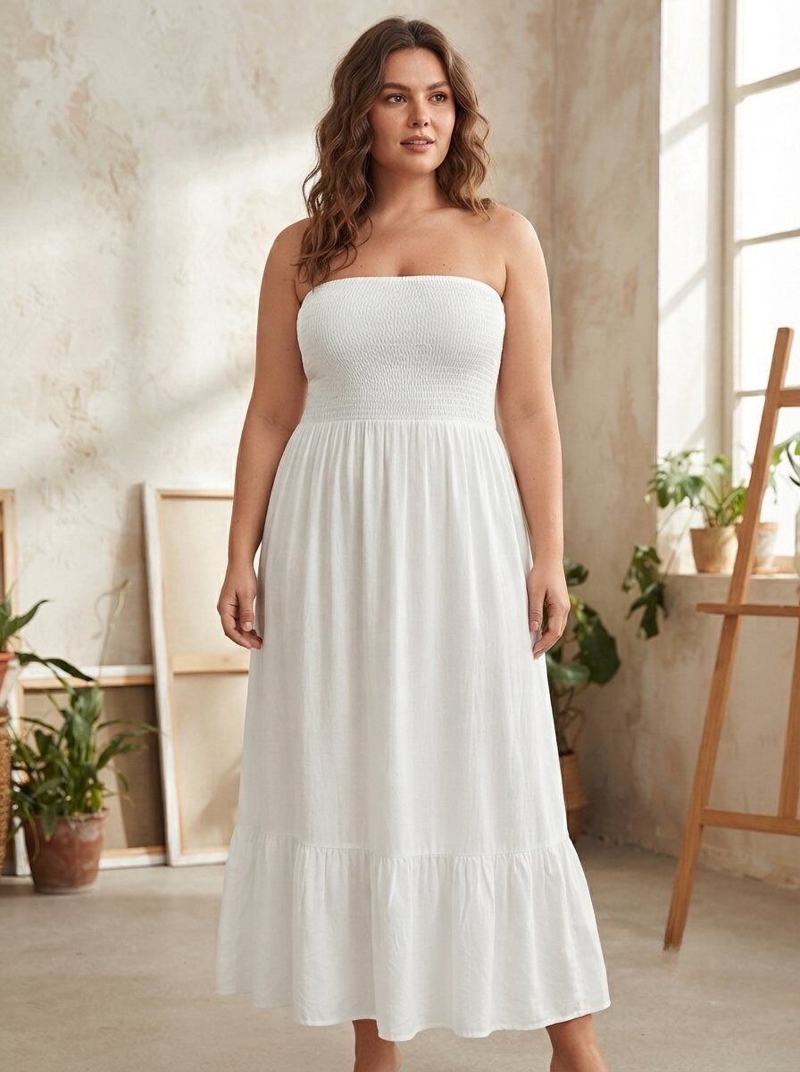 Großhändler 168 Fashion - Schulterfreies Langes Kleid mit Gesmoktem Mieder und Rüschen am Saum