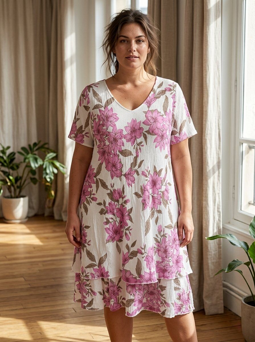 Wholesaler 168 Fashion - Floral Print Midi Dress, V-Neck and Double-Layer Hem