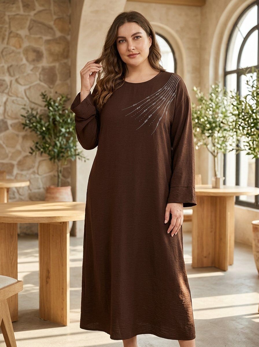 Wholesaler 168 Fashion - Elegant Long Dress with Embroidered Sleeves and Coordinated Belt