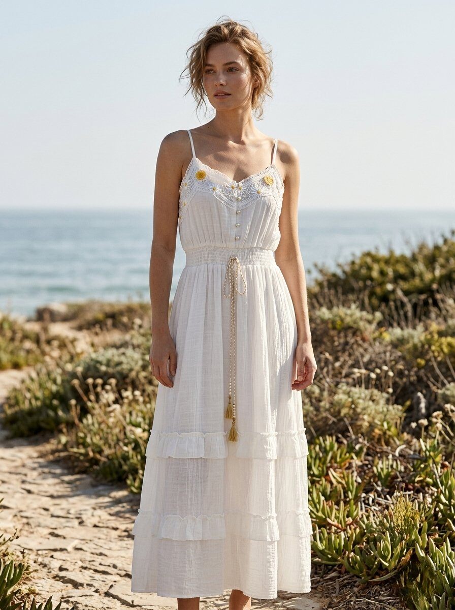 Mayorista 168 Fashion - Vestido Largo Desvelado Estilo Boho-Chic con Escote en V, Bordado de Margaritas en Relieve y Falda con Volantes