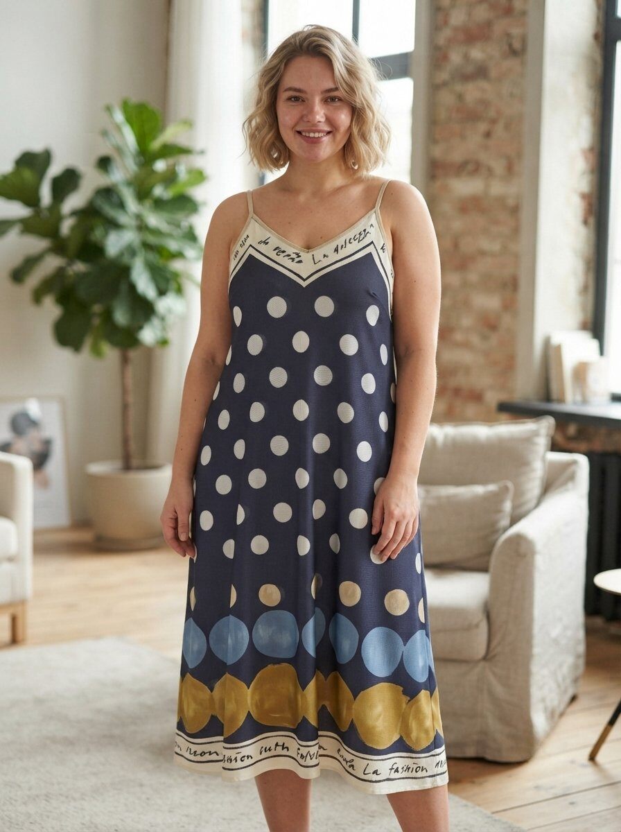Wholesaler 168 Fashion - Midi Slip Dress with Polka Dot Print and Calligraphic Details