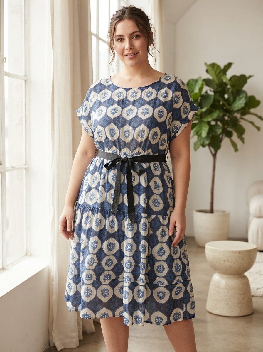 Grossiste 168 Fashion - Robe Midi à Manches Courtes avec Imprimé Tie-Dye Floral et Ceinture à la Taille