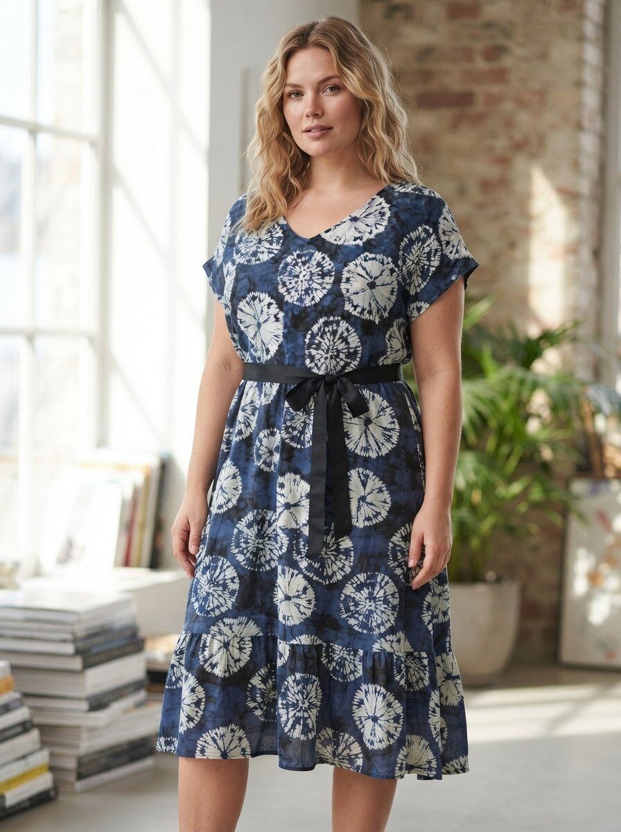 Grossiste 168 Fashion - Robe Midi à Manches Courtes avec Imprimé Tie-Dye Floral et Ceinture à la Taille