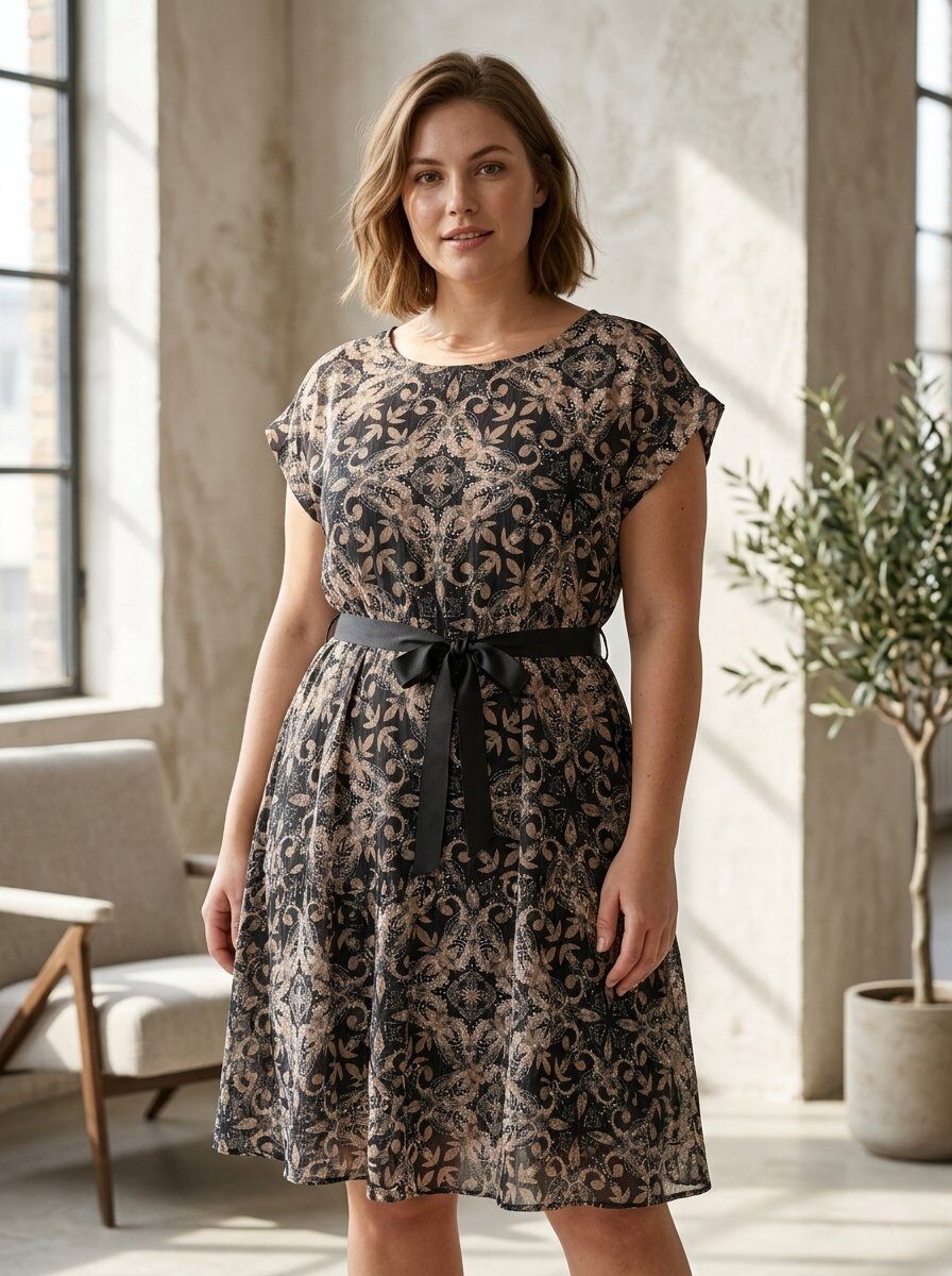Wholesaler 168 Fashion - Short Sleeve Midi Dress with Floral Tie-Dye Print and Waist Belt