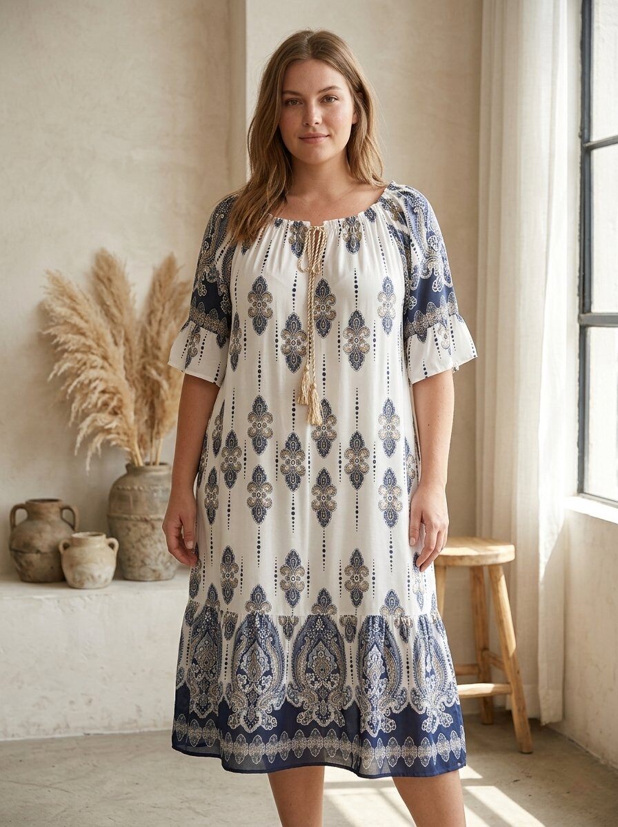 Wholesaler 168 Fashion - Long Boho-Chic Style Dress with Adjustable Neckline, Tassels, and Ruffle Details