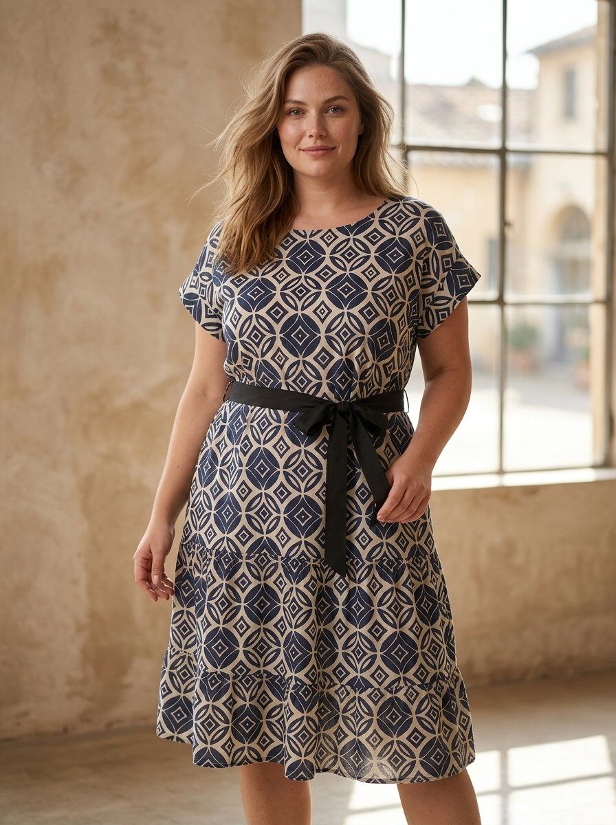 Wholesaler 168 Fashion - Short Sleeve Midi Dress with Floral Tie-Dye Print and Waist Belt
