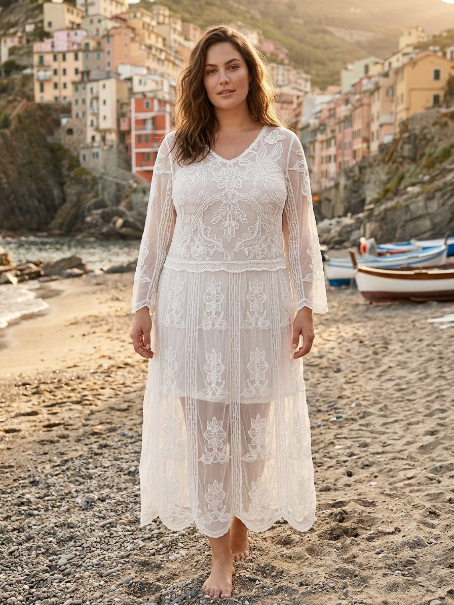 Wholesaler 168 Fashion - Long Transparent Lace Dress with All-over Floral Embroidery