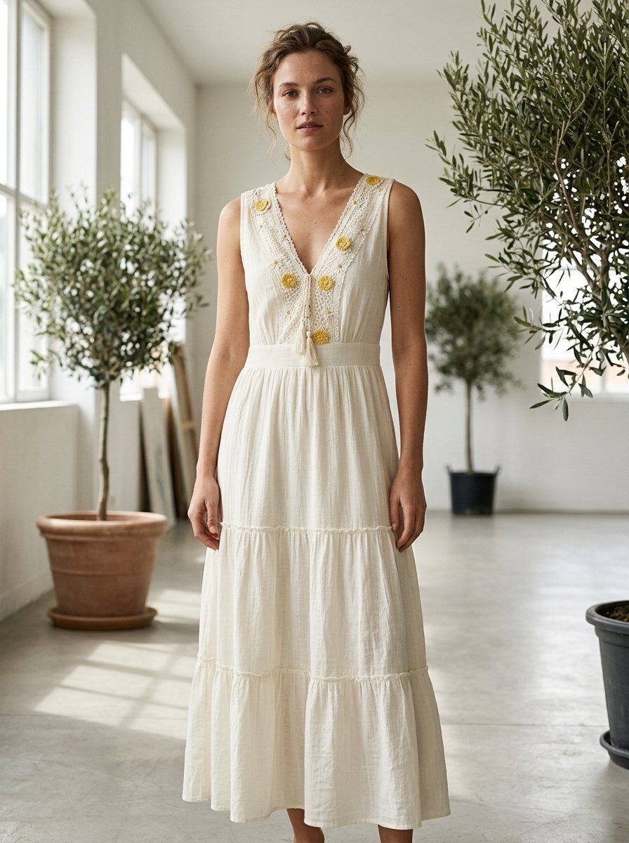 Mayorista 168 Fashion - Vestido Largo Desvelado Estilo Boho-Chic con Escote en V, Bordado de Margaritas en Relieve y Falda con Volantes