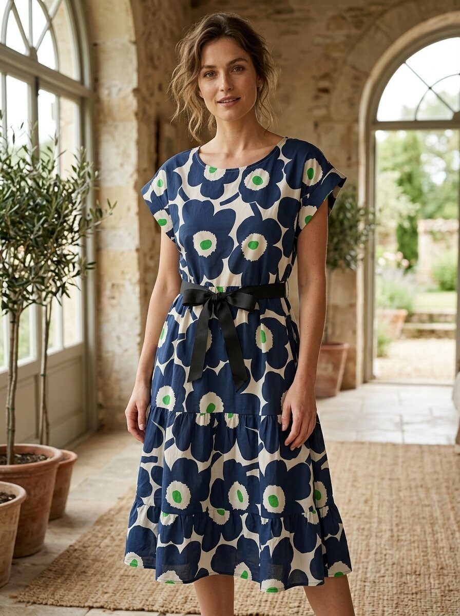 Wholesaler 168 Fashion - Short Sleeve Midi Dress with Floral Tie-Dye Print and Waist Belt