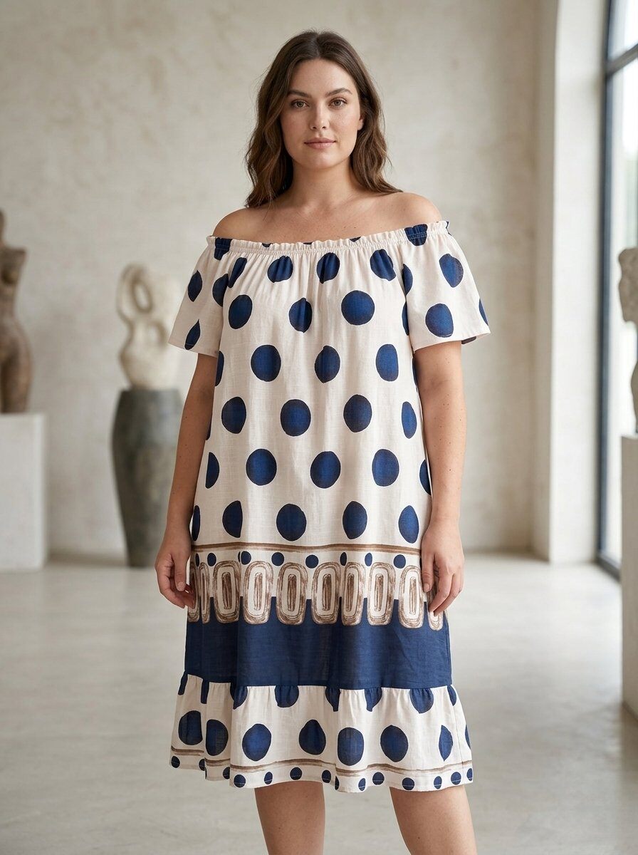 Mayorista 168 Fashion - Vestido Midi de Manga Corta con Escote Elástico, Estampado de Lunares y Volante en el Bajo