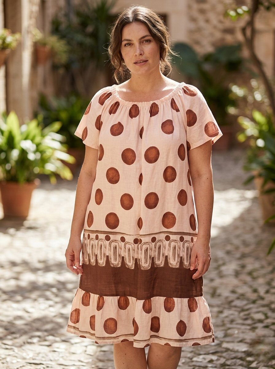Großhändler 168 Fashion - Midi-Kleid mit Kurzen Ärmeln, Elastischem Ausschnitt, Punktmuster und Rüschen am Saum