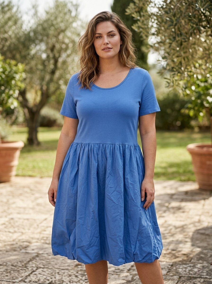 Wholesaler 168 Fashion - Midi Dress with Short Sleeves, Round Neckline, and Flared Balloon Skirt